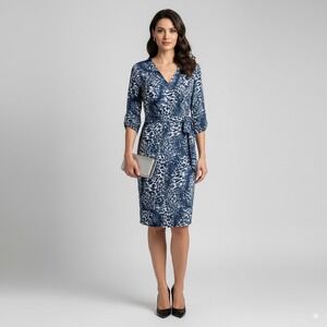 Berydress Blue White Animal Print Wrap Dress Sz‎ Large 3/4 Sleeve Women's Midi